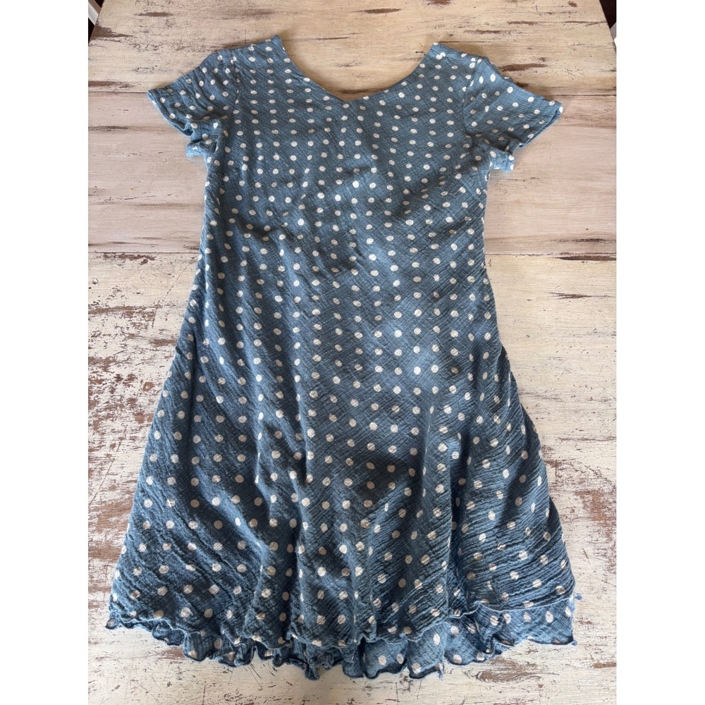Charlie B dress women XL blue polka dot cotton gauze lettuce hem v-neck